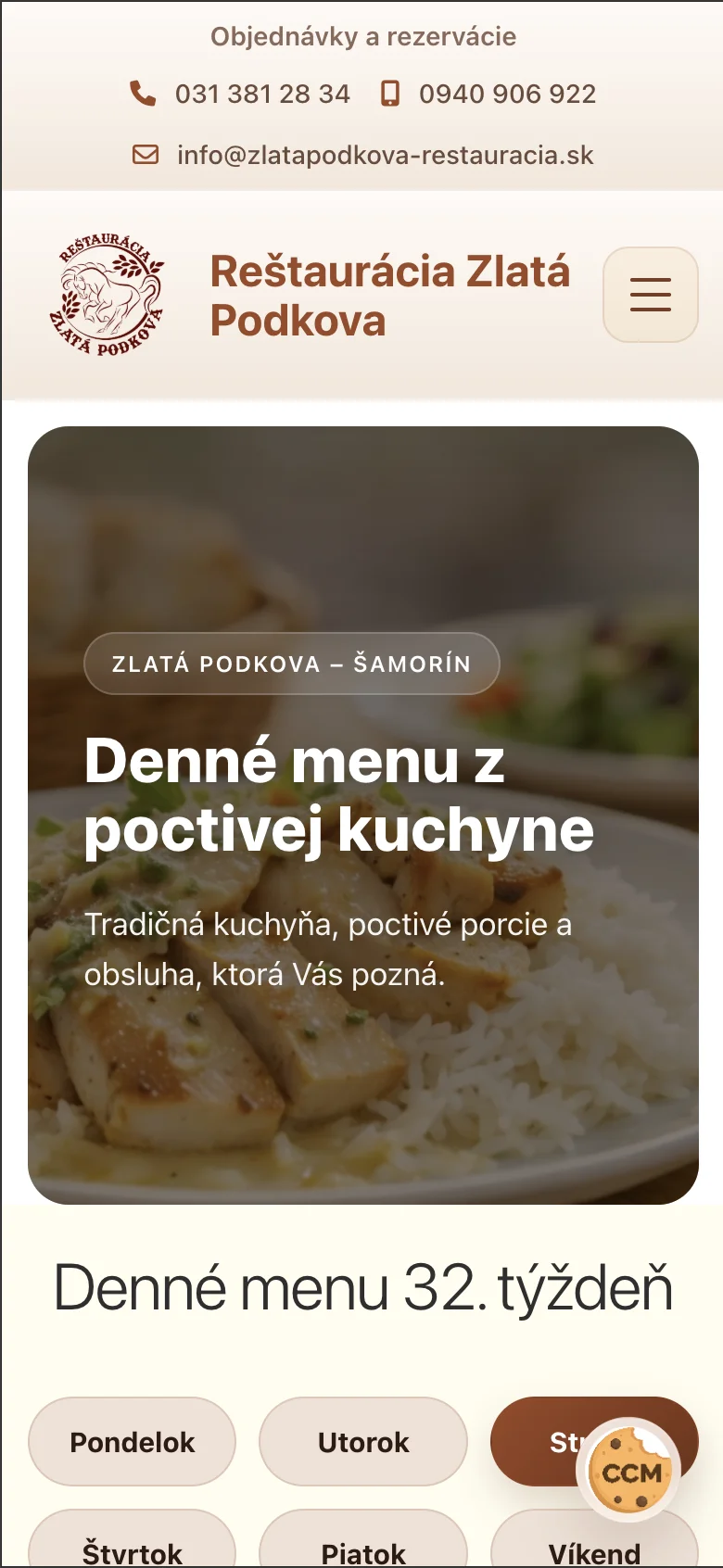 Mobilná verzia webu reštaurácie Zlatá Podkova